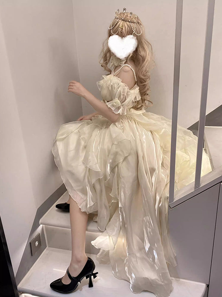 Magnifique robe Lolita en mousseline de soie ivoire à manches courtes et épaules dénudées, motif floral, tenue d'anniversaire pour 16 ans, W1221