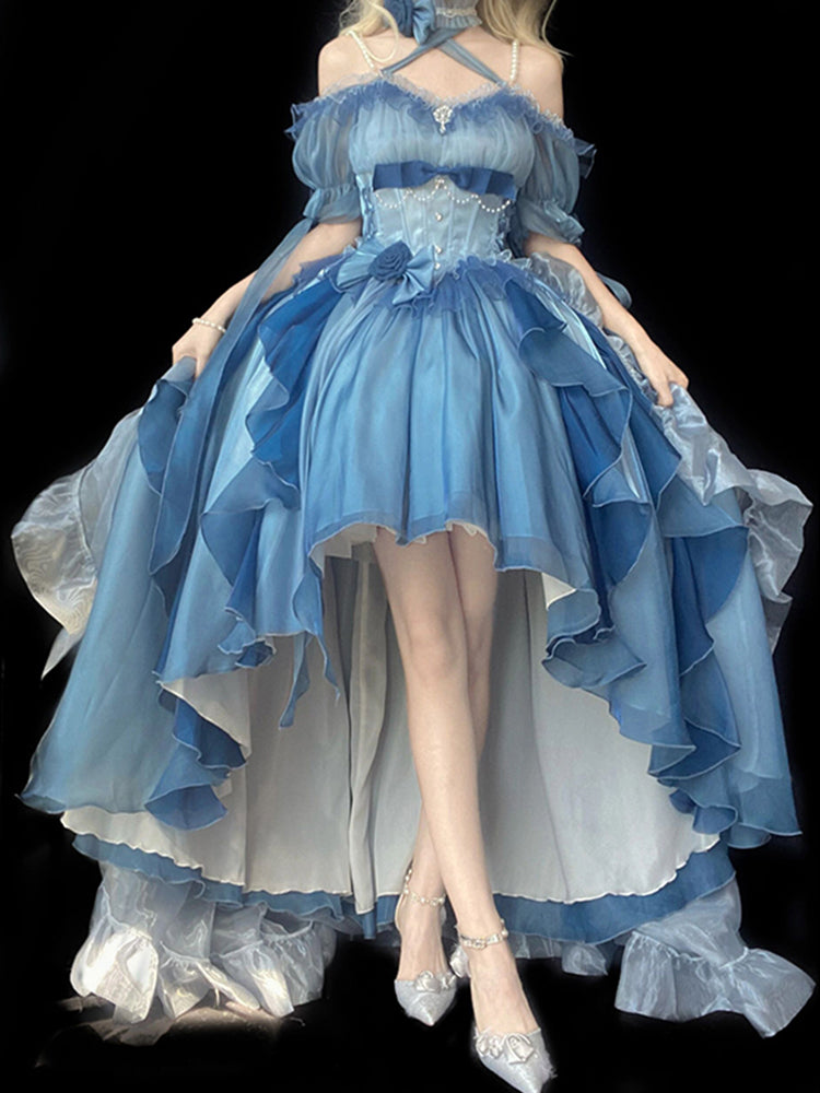 Magnifique robe Lolita en mousseline de soie à manches courtes et épaules dénudées, motif floral rose bleu, tenue d'anniversaire pour 16 ans, W1223