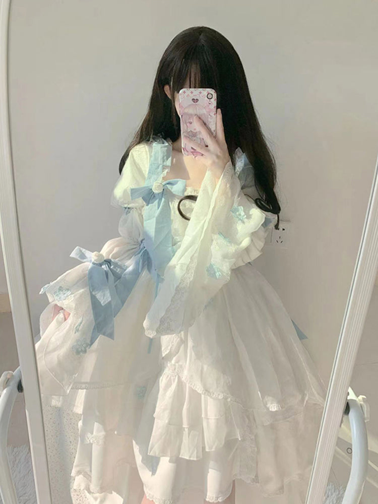 Vintage Ball Gown Square Long Sleeves White Chiffon Summer 18th Birthday Dress Lolita Dress Birthday Outfits W1228