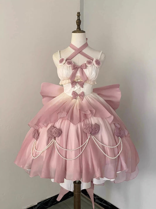 Vintage Ball Gown Spaghetti Straps Short Chiffon Summer 18th Birthday Dress High Low Ombre Pink Pearls Lolita Dress Birthday Outfits W1232