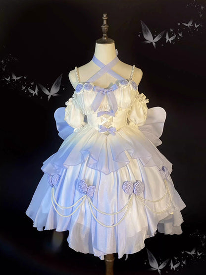 Vintage Ball Gown Spaghetti Straps Short Chiffon Summer 18th Birthday Dress High Low Ombre Blue Lolita Dress Birthday Outfits W1230