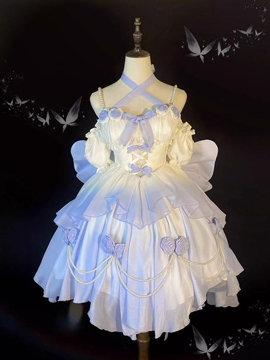 Vintage Ball Gown Spaghetti Straps Short Chiffon Summer 18th Birthday Dress High Low Ombre Blue Lolita Dress Birthday Outfits W1230