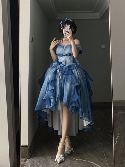Magnifique robe Lolita en mousseline de soie à manches courtes et épaules dénudées, motif floral rose bleu, tenue d'anniversaire pour 16 ans, W1240