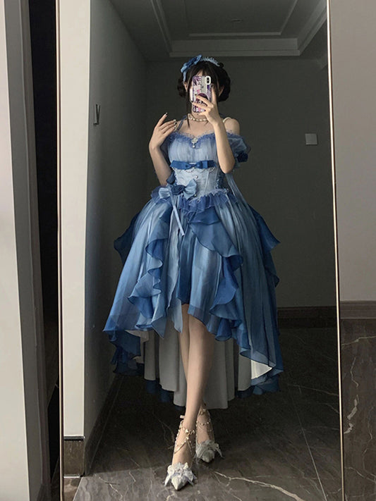Magnifique robe Lolita en mousseline de soie à manches courtes et épaules dénudées, motif floral rose bleu, tenue d'anniversaire pour 16 ans, W1240