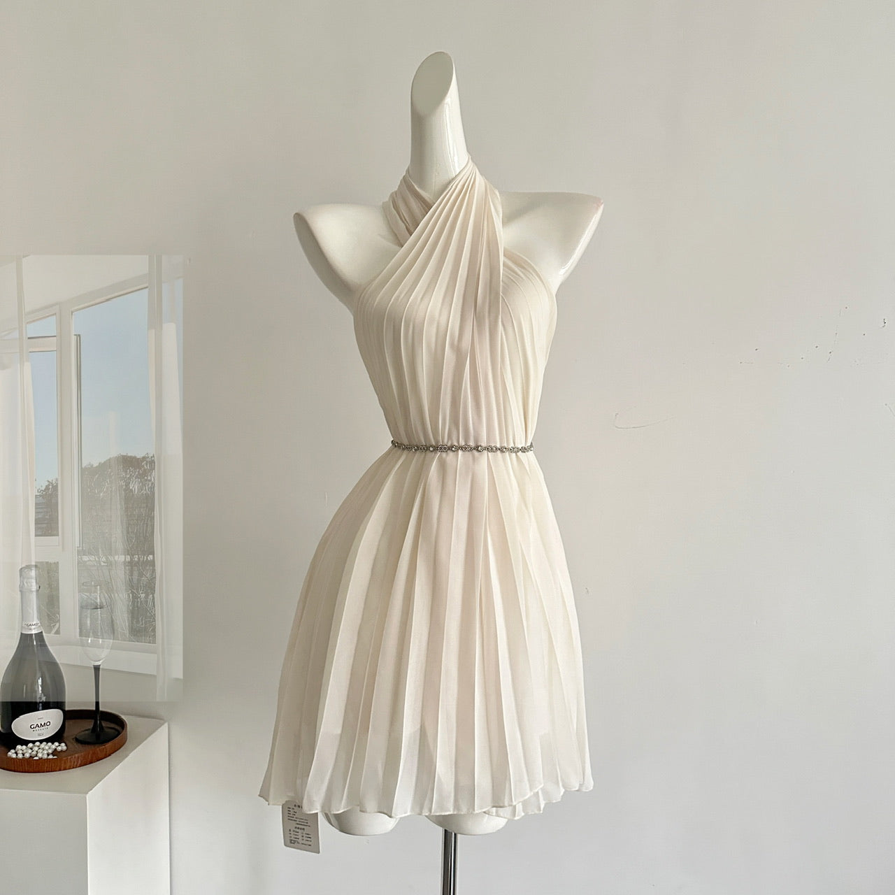 Robe d'été courte en mousseline de soie rose, décolleté licou, sexy, tenue de fête pour femmes, DP0119