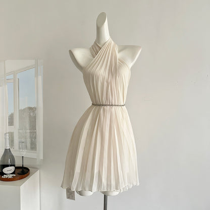 Robe d'été courte en mousseline de soie rose, décolleté licou, sexy, tenue de fête pour femmes, DP0119