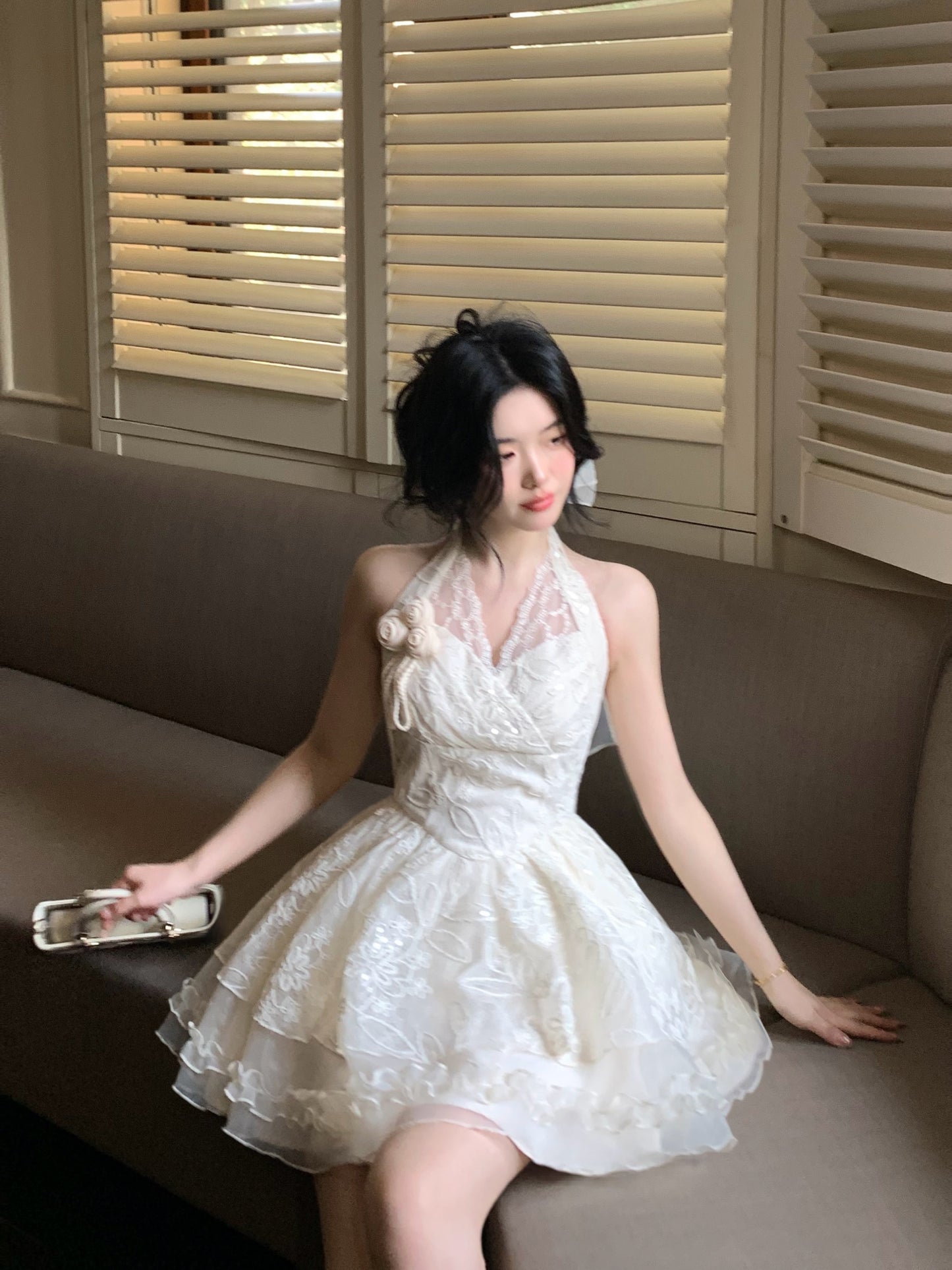 Pretty Ball Gown Halter Ivory Lace Short Mini Formal 8th Grade Homecoming Dresses Summer Middle School Hoco Dress Homecoming Outfits DH682