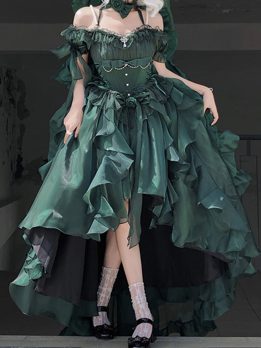 Princess Ball Gown Off The Shoulder Short Sleeves Dark Green High Low Floral 16th Chiffon Birthday Dress Lolita Dress 18th Birthday Outfits W1199