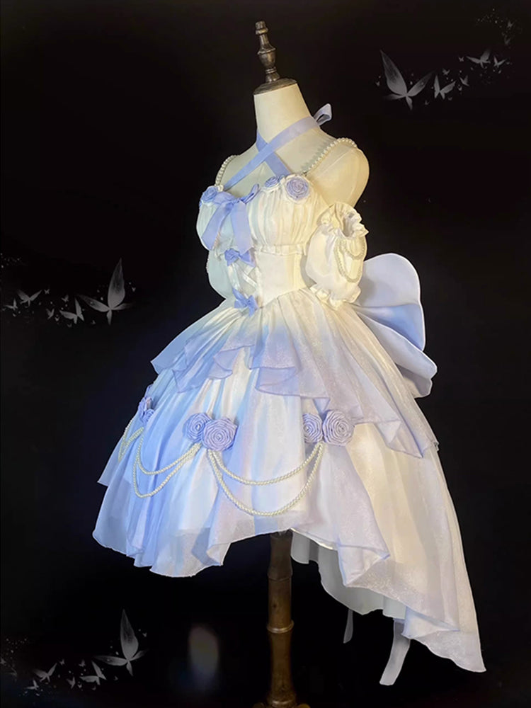 Vintage Ball Gown Spaghetti Straps Short Chiffon Summer 18th Birthday Dress High Low Ombre Blue Lolita Dress Birthday Outfits W1230