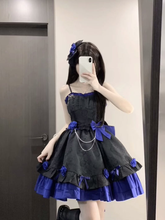 Retro Ball Gown Straps Short Royal Blue Mini Floral 16th Birthday Dress Lolita Dress 18th Birthday Outfits W1211