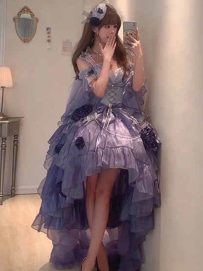 Vintage Ball Gown Spaghetti Straps Grape Chiffon Summer 18th Birthday Dress High Low Ombre Blue Pearls Lolita Dress Birthday Outfits W1246