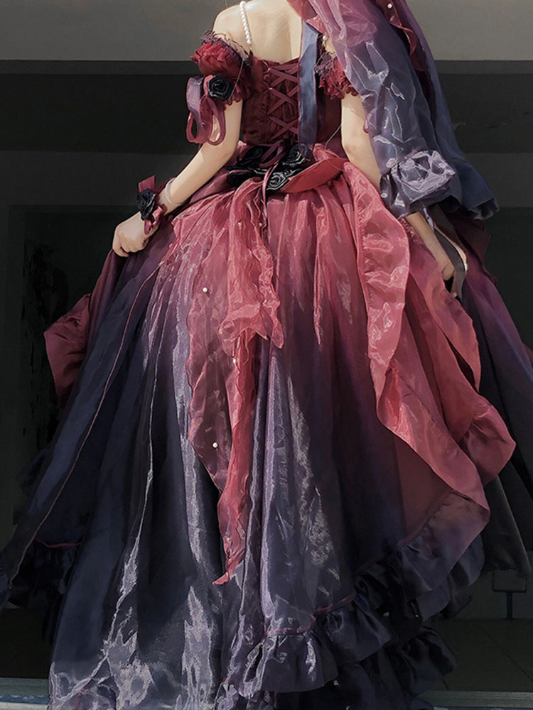 Magnifique robe Lolita en mousseline de soie à manches courtes et épaules dénudées, motif floral rose bordeaux, tenue d'anniversaire pour 16 ans, W1224