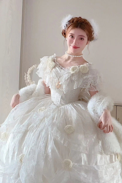 Retro Ball Gown Off The Shoulder Short Sleeves White Rose Floral 16th Chiffon Birthday Dress Lolita Dress 18th Birthday Outfits W1245