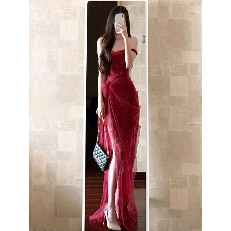 Sexy Sheath Burgundy Lace Summer Dress Holiday Party Outfits For Womens W1235