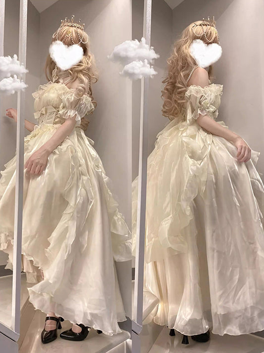 Magnifique robe Lolita en mousseline de soie ivoire à manches courtes et épaules dénudées, motif floral, tenue d'anniversaire pour 16 ans, W1221