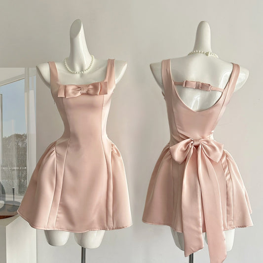 Robe trapèze décontractée en satin rose, tenue d'été courte, tenue de vacances, DP1407