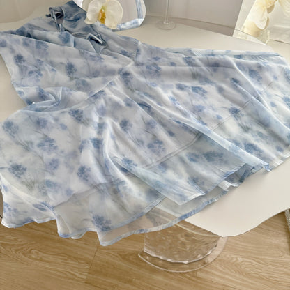 Robe de déesse en mousseline de soie, longue et courte, style romantique d'été bleu, col licou, pour femme, DP0007