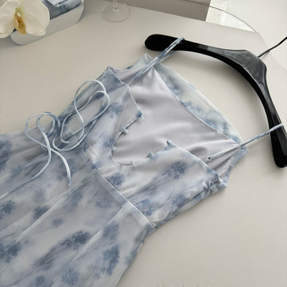 Robe de déesse en mousseline de soie, longue et courte, style romantique d'été bleu, col licou, pour femme, DP0007