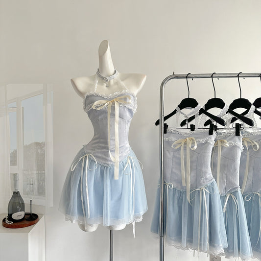 Robe d'été sexy à col licou, coupe trapèze, bleue, pour les fêtes, les retrouvailles, les anniversaires, pour adolescentes, DP1401