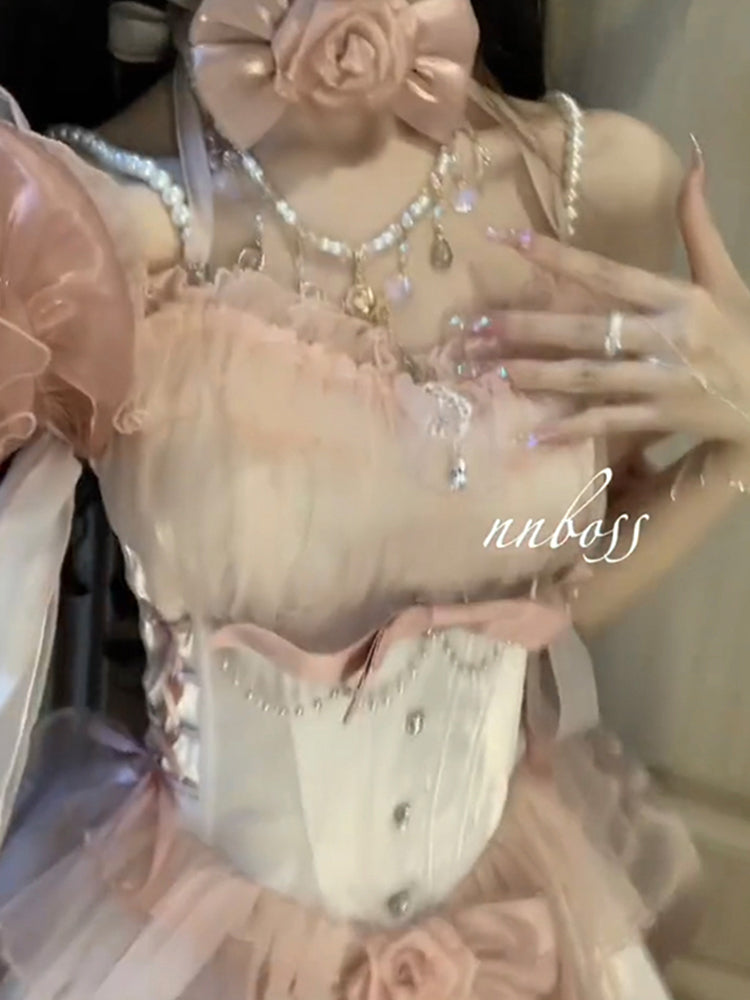 Princess Ball Gown Off The Shoulder Short Sleeves Ombre Pink Floral 16th Chiffon Birthday Dress Lolita Dress 18th Birthday Outfits W1197