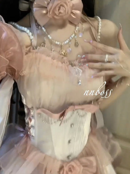 Princess Ball Gown Off The Shoulder Short Sleeves Ombre Pink Floral 16th Chiffon Birthday Dress Lolita Dress 18th Birthday Outfits W1197