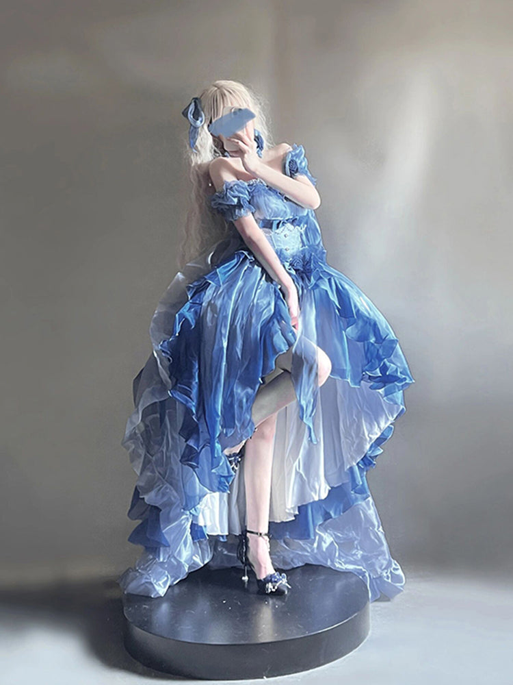 Magnifique robe Lolita en mousseline de soie à manches courtes et épaules dénudées, motif floral rose bleu, tenue d'anniversaire pour 16 ans, W1239