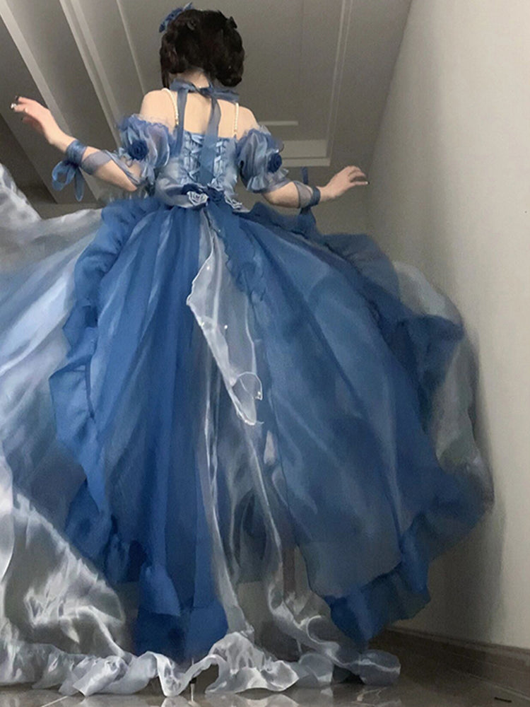 Magnifique robe Lolita en mousseline de soie à manches courtes et épaules dénudées, motif floral rose bleu, tenue d'anniversaire pour 16 ans, W1240