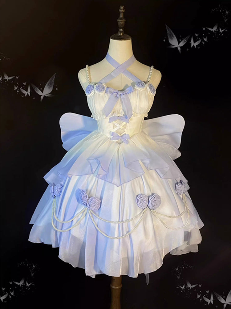Vintage Ball Gown Spaghetti Straps Short Chiffon Summer 18th Birthday Dress High Low Ombre Blue Lolita Dress Birthday Outfits W1230