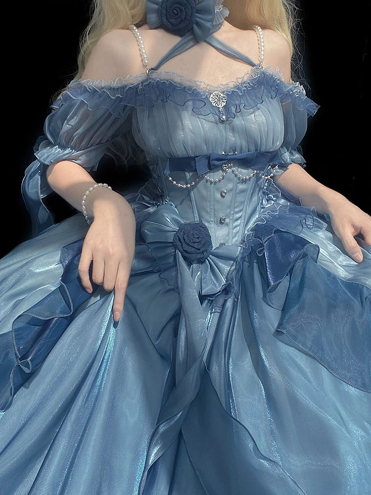 Magnifique robe Lolita en mousseline de soie à manches courtes et épaules dénudées, motif floral rose bleu, tenue d'anniversaire pour 16 ans, W1223