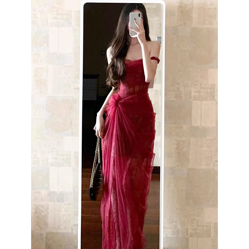 Sexy Sheath Burgundy Lace Summer Dress Holiday Party Outfits For Womens W1235