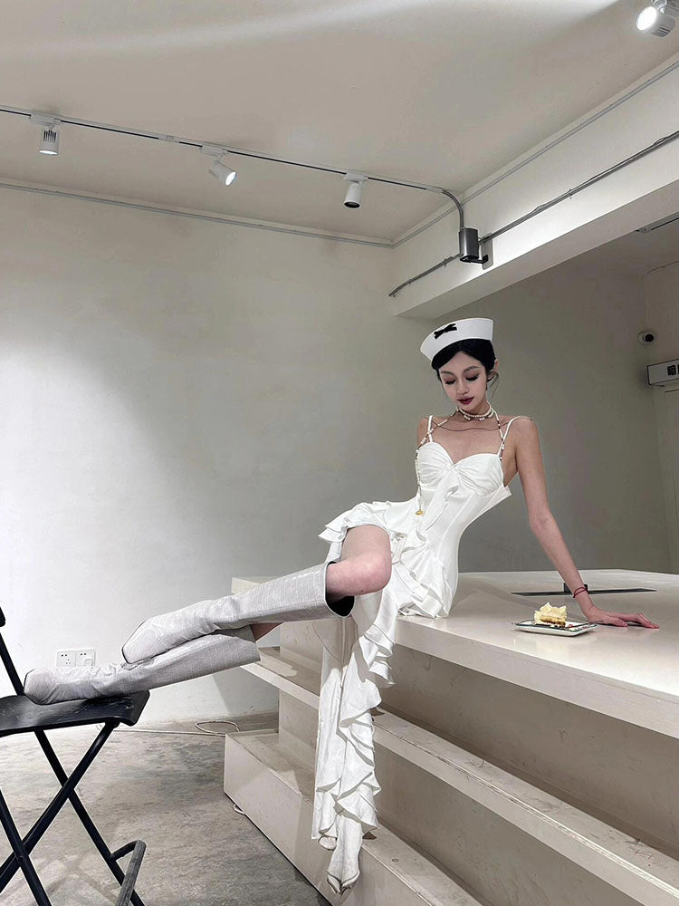 Simple High Low Spaghetti Straps White Chiffon Summer Dress Holiday Party Dress Birthday Outfits For Teens W1233