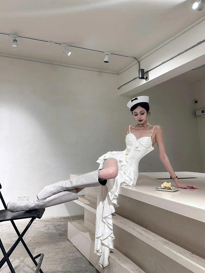 Simple High Low Spaghetti Straps White Chiffon Summer Dress Holiday Party Dress Birthday Outfits For Teens W1233