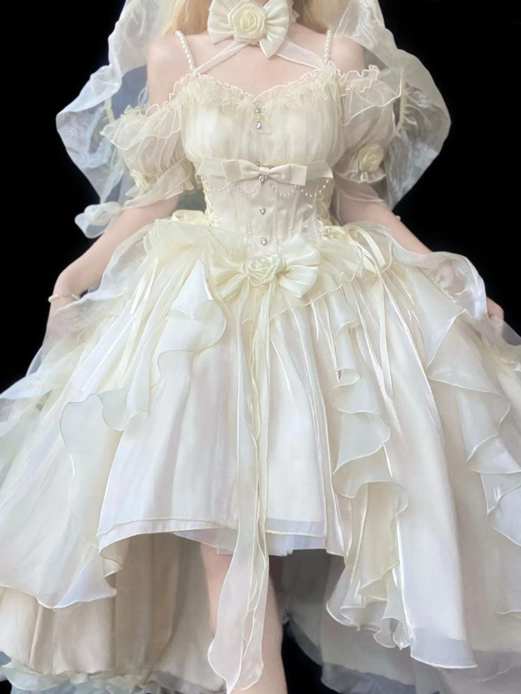 Magnifique robe Lolita en mousseline de soie à manches courtes et épaules dénudées, motif floral rose beige, tenue d'anniversaire pour 16 ans, W1242