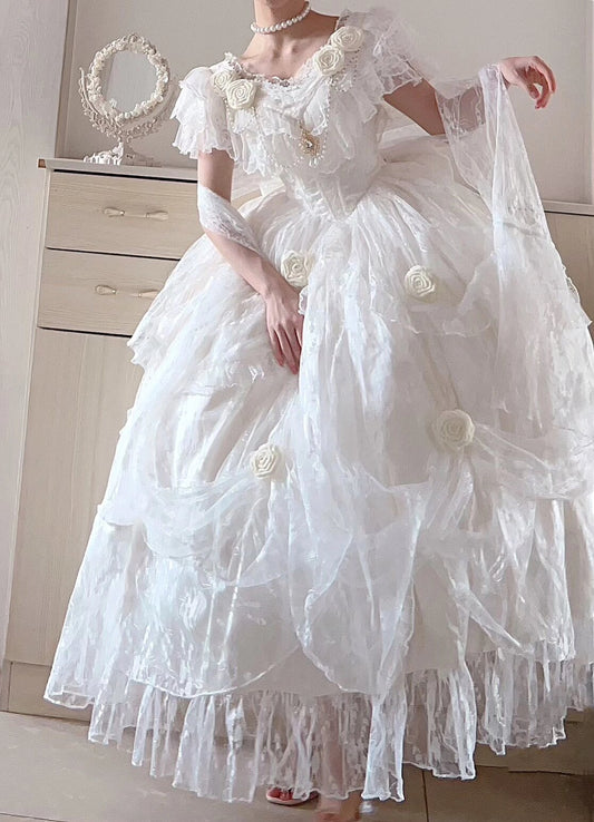 Retro Ball Gown Off The Shoulder Short Sleeves White Rose Floral 16th Chiffon Birthday Dress Lolita Dress 18th Birthday Outfits W1245