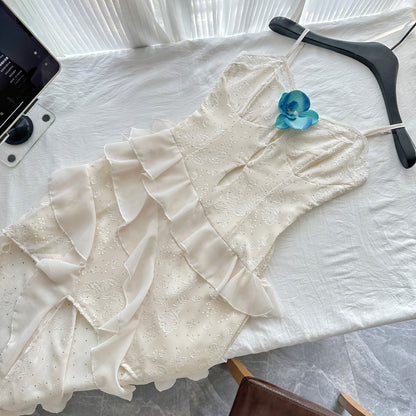 Robe fourreau mignonne à bretelles spaghetti ivoire à volants, tenue décontractée d'été, robes courtes de vacances DP1408