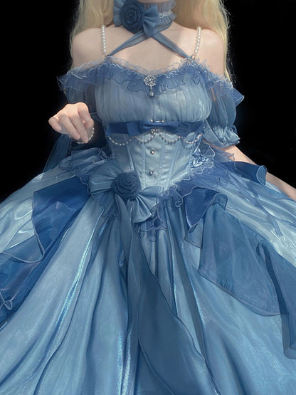 Magnifique robe Lolita en mousseline de soie à manches courtes et épaules dénudées, motif floral rose bleu, tenue d'anniversaire pour 16 ans, W1223