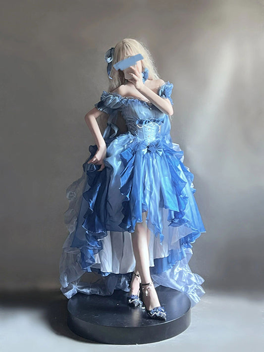 Magnifique robe Lolita en mousseline de soie à manches courtes et épaules dénudées, motif floral rose bleu, tenue d'anniversaire pour 16 ans, W1239