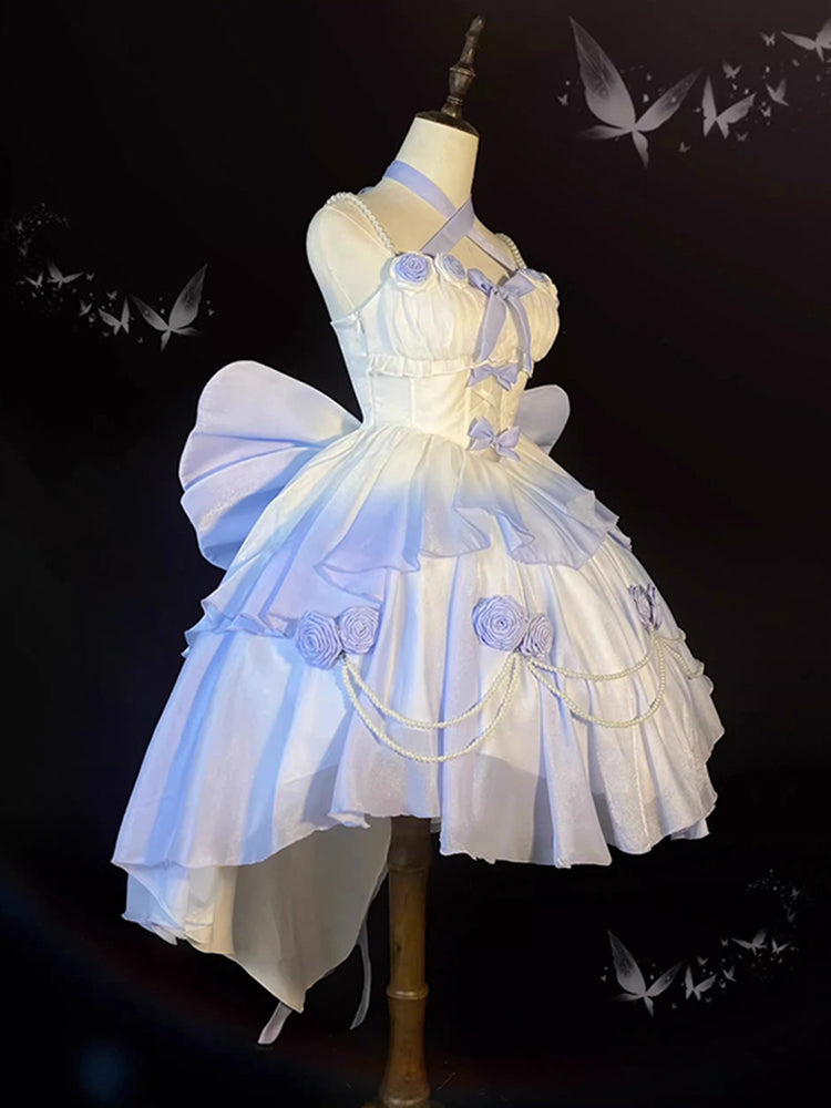 Vintage Ball Gown Spaghetti Straps Short Chiffon Summer 18th Birthday Dress High Low Ombre Blue Lolita Dress Birthday Outfits W1230