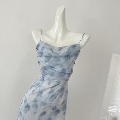 Robe de déesse en mousseline de soie, longue et courte, style romantique d'été bleu, col licou, pour femme, DP0007