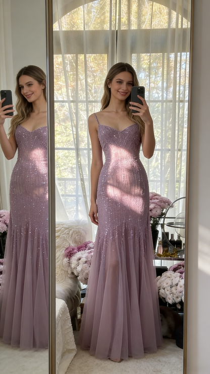 Sexy Mermaid Spaghetti Straps Purple Elegant Tulle Sequin Prom Dresses P0001