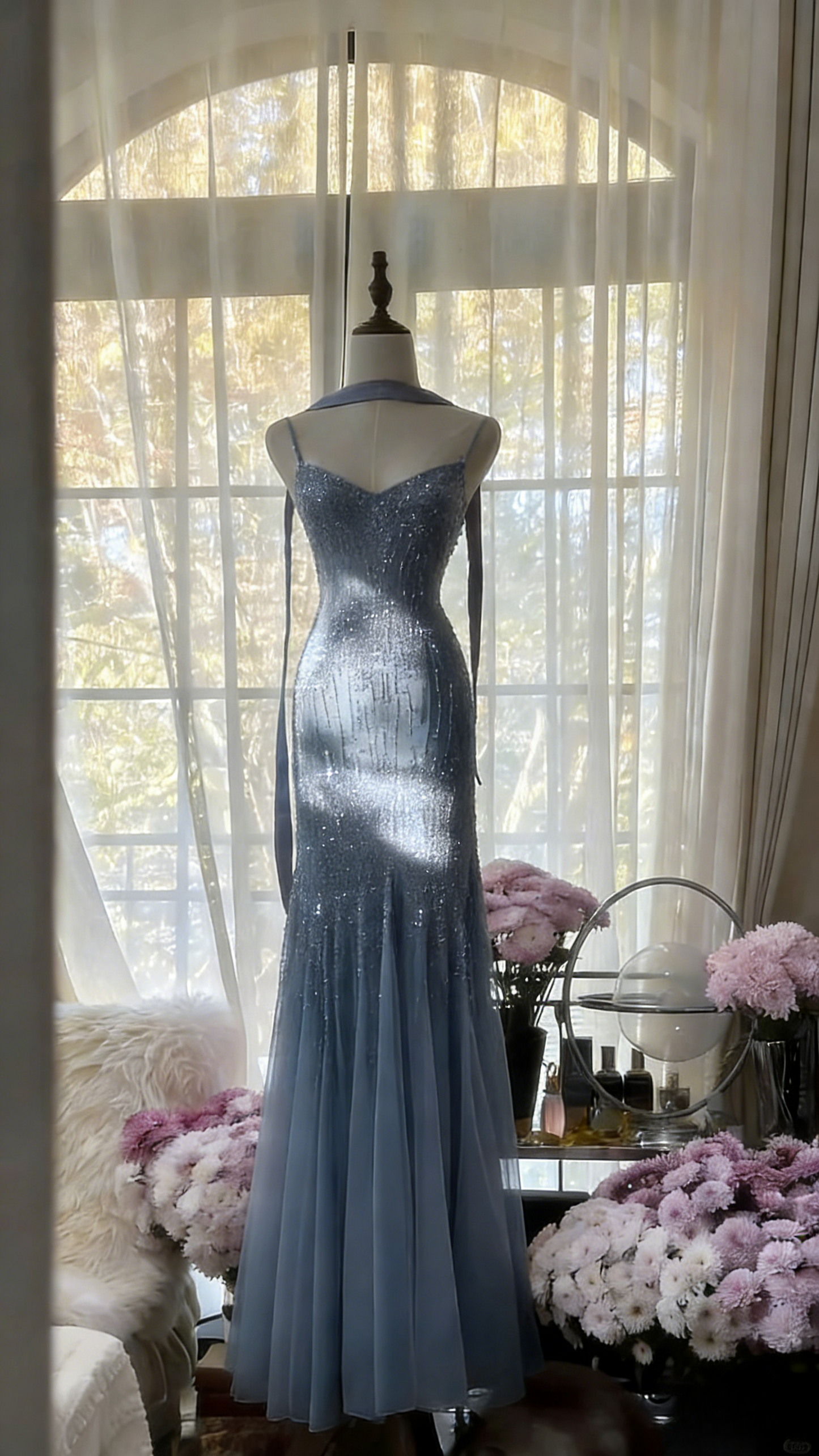 Sexy Mermaid Spaghetti Straps Purple Elegant Tulle Sequin Prom Dresses P0001