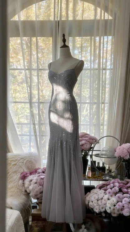 Sexy Mermaid Spaghetti Straps Purple Elegant Tulle Sequin Prom Dresses P0001