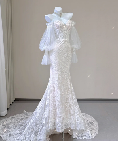 Elegant Mermaid Off The Shoulder Tulle Wedding Dresses Lace Brides Dress P0004
