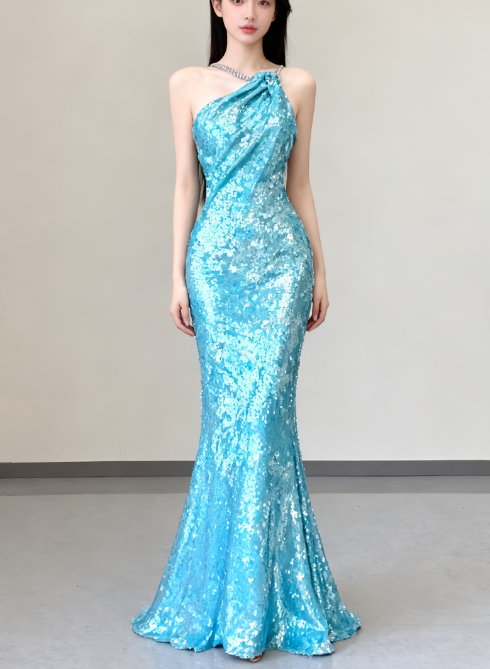 Classy Mermaid Spaghetti Straps Blue Sequin Evening Dress Long Prom Dresses P0005