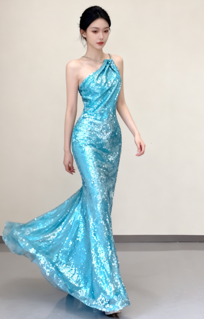 Classy Mermaid Spaghetti Straps Blue Sequin Evening Dress Long Prom Dresses P0005