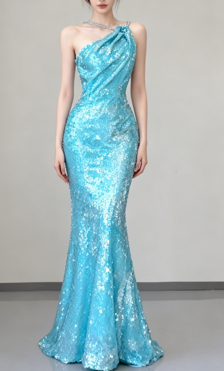 Classy Mermaid Spaghetti Straps Blue Sequin Evening Dress Long Prom Dresses P0005
