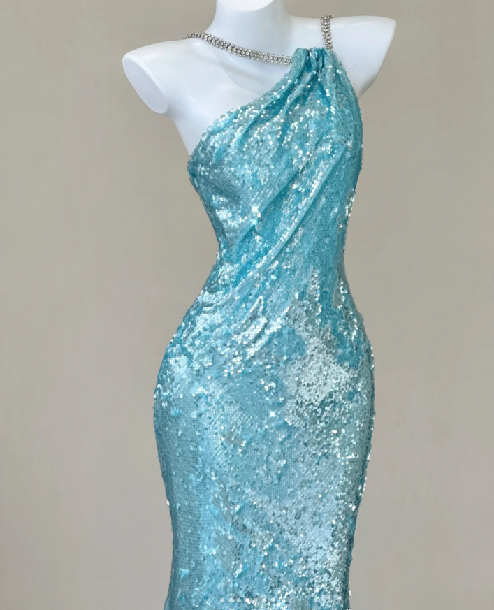 Classy Mermaid Spaghetti Straps Blue Sequin Evening Dress Long Prom Dresses P0005
