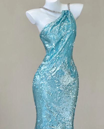 Classy Mermaid Spaghetti Straps Blue Sequin Evening Dress Long Prom Dresses P0005