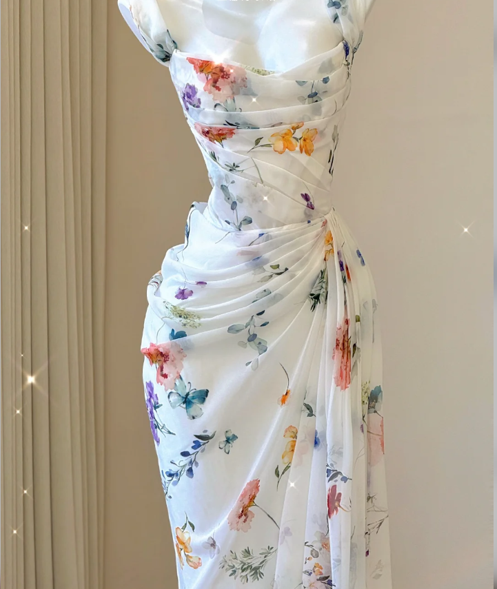 Classy Mermaid Square Neckline Floral Chiffon White Long Prom Dresses P0007