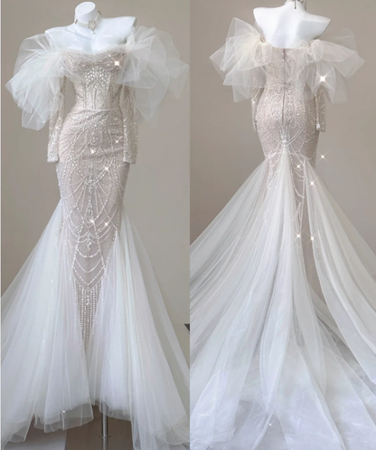 Elegant Mermaid Off The Shoulder Sequin Long Sleeves Wedding Dresses Brides Dress P0008